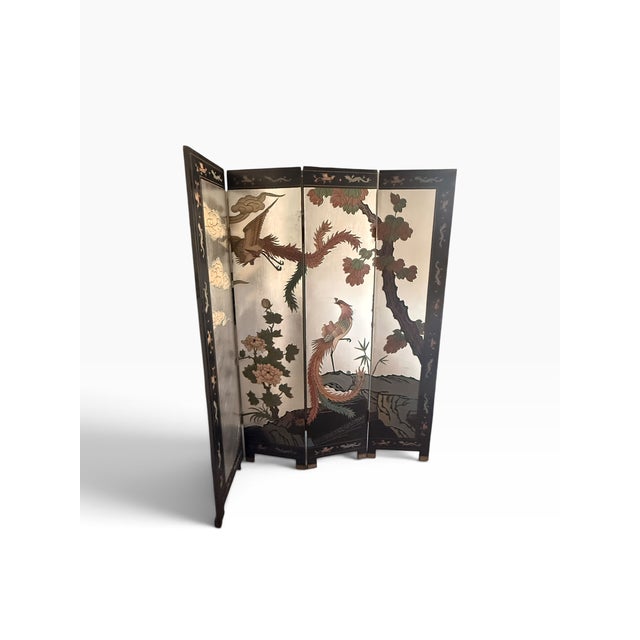Chinoiserie Vintage Chinoiserie Four-Panel Phoenix Folding Screen With Silver-Tone Ground For Sale - Image 3 of 15