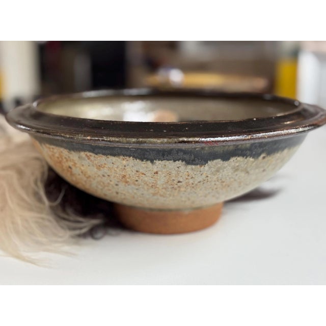 1970s Blue & Brown Large Studio Art Ceramic Bowl, 12”, Signed For Sale - Image 4 of 7