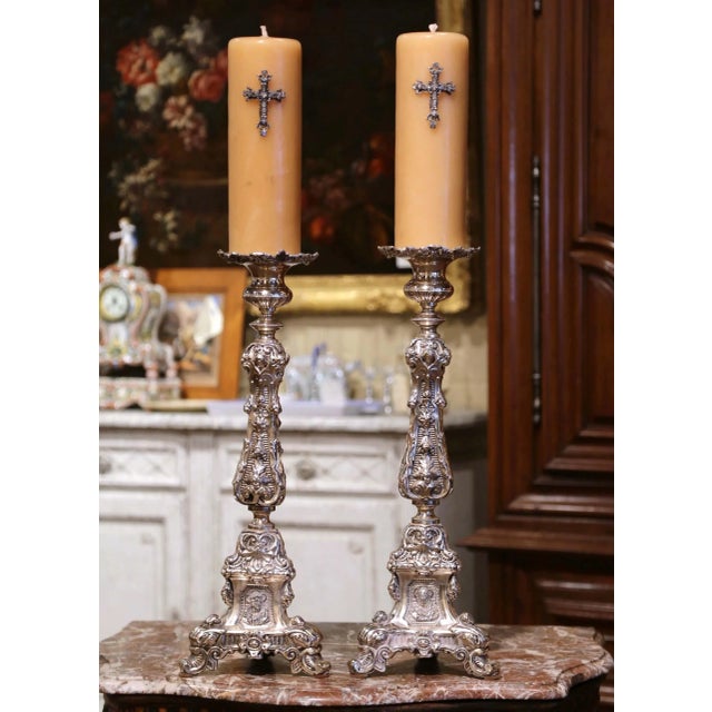 Pair 19th Century French Louis XV Silvered Church Candlesticks With Wax Candles For Sale - Image 4 of 13