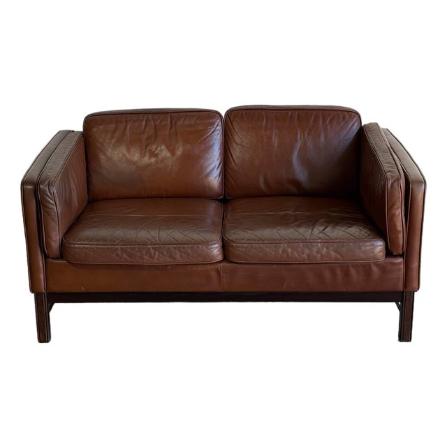 Damgaardens Møbler Brown Leather Loveseat Danish Mid-Century Modern 1970s For Sale