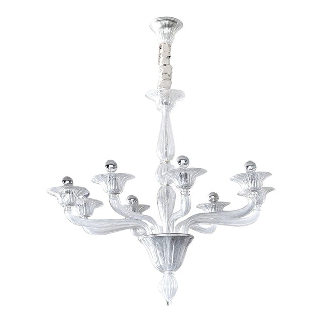 Custom Contemporary Italian 8-Arm Seeded Murano Glass Chandelier With Silver Accents For Sale
