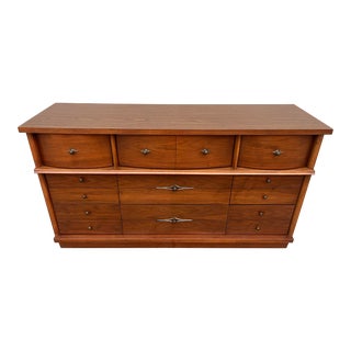 1960s Ward Furniture Mid Century Modern Walnut 9-Drawer Triple Dresser For Sale