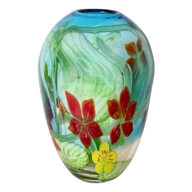 Aquamarine Murano Glass Vase with Star-Shaped Florals by Berit Johansson, 1980s For Sale