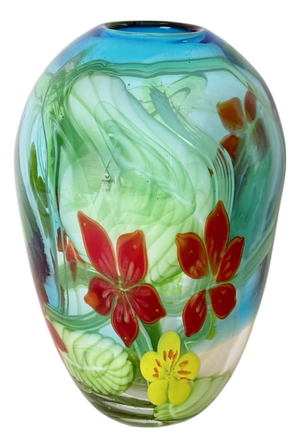 Aquamarine Murano Glass Vase with Star-Shaped Florals by Berit Johansson, 1980s