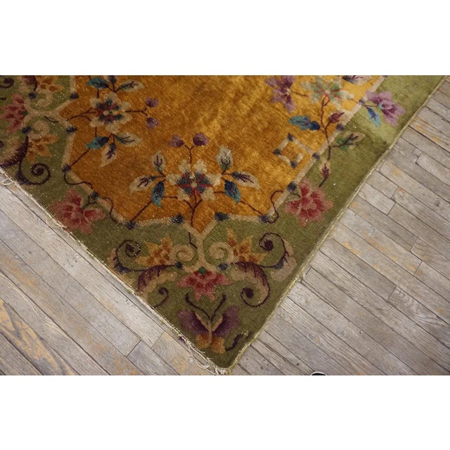 Saffron 1920s Yellow Gold Floral Antique Chinese Art Deco Carpet 4' X 6'6'' Knotted Wool Rug For Sale - Image 8 of 8