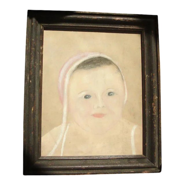 19th Century American Folk Art Young Child Pastel Drawing For Sale