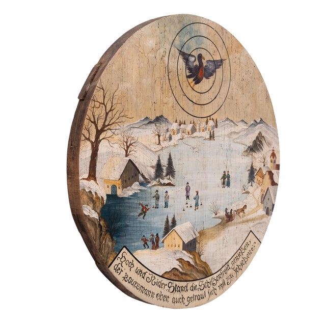 Vintage Round Folk Art Hand Painted Winter Landscape, Germany, 1950 For Sale - Image 3 of 10