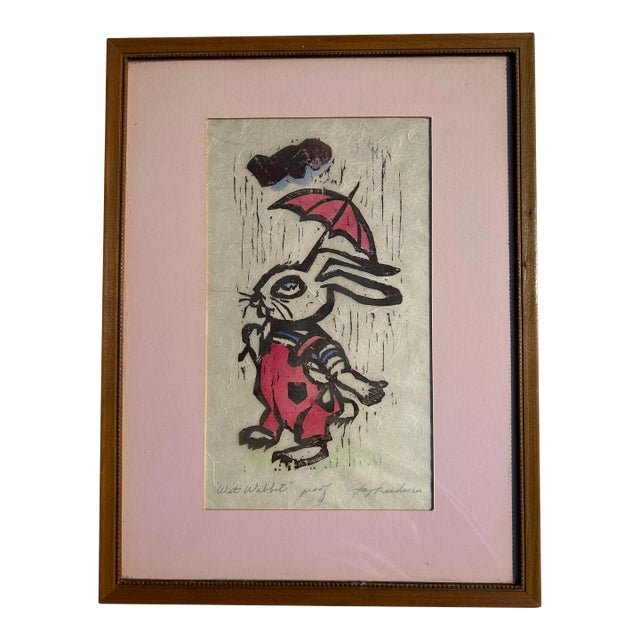 Vintage Framed Woodcut Print of Bunny Rabbit in Rain For Sale