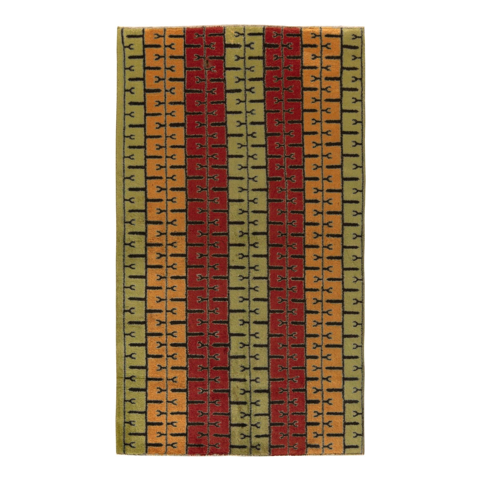 1960s Vintage Distressed Mid-Century Modern Rug, Red, Green, Gold Deco ...