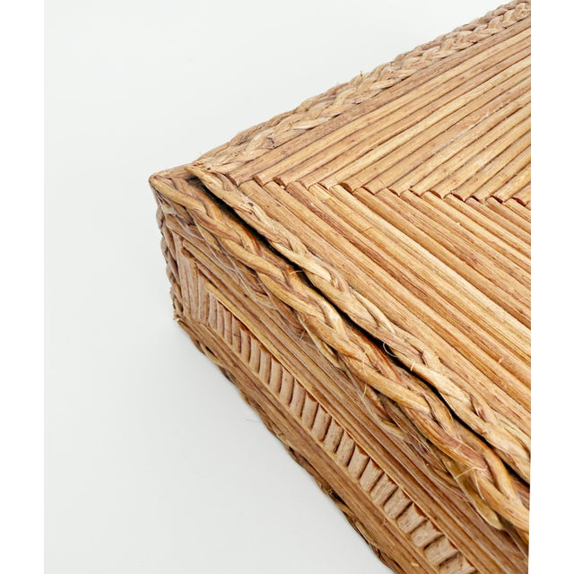 A one-of-a-kind, tramp or folk art style decorative box crafted from hardwood and finished with bamboo and grass. Likely...
