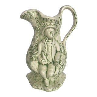 Green and White Ceramic Pitcher With Gentleman Figures and Grape Vines For Sale