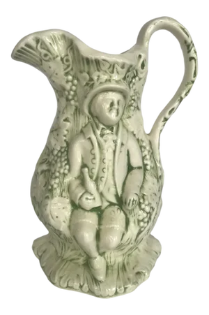 Green and White Ceramic Pitcher With Gentleman Figures and Grape Vines