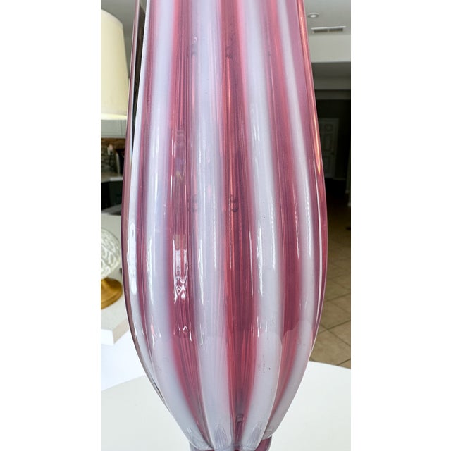 Large Raspberry Lavender Opaline Murano Glass Ribbed Table Lamp by Barovier For Sale - Image 11 of 16