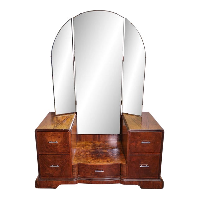1940s Art Deco Walnut Vanity With Tri-Fold Mirror and Chrome Hardware ...