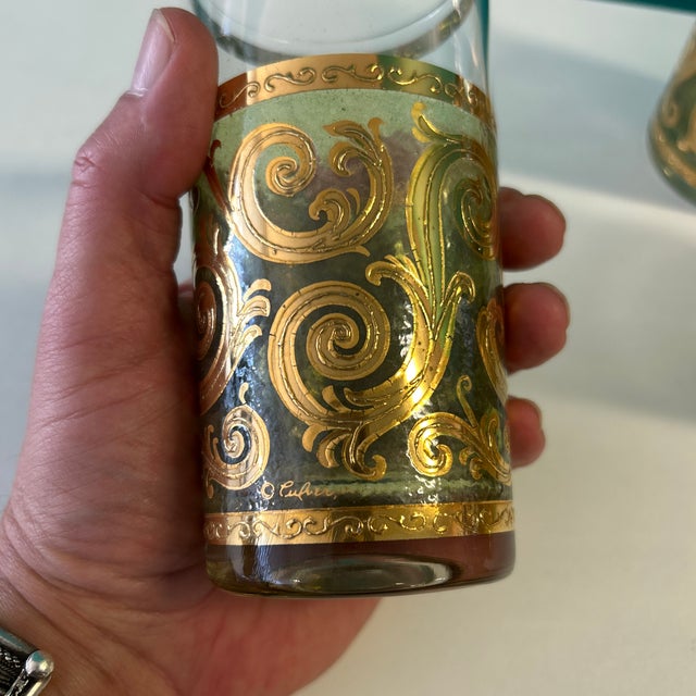 Mid-Century Modern 1960s Culver LTD Green Glass and Applied Gold Cocktail Service Highballs and Ice Bucket - 9 Pieces Signed For Sale - Image 3 of 9