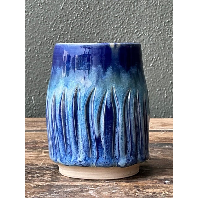 Ceramic Vintage Studio Pottery Blue Ceramic Vase For Sale - Image 7 of 18
