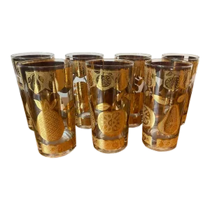 Vintage Culver 22k Fruit Motif Highball Glasses- Set of 7