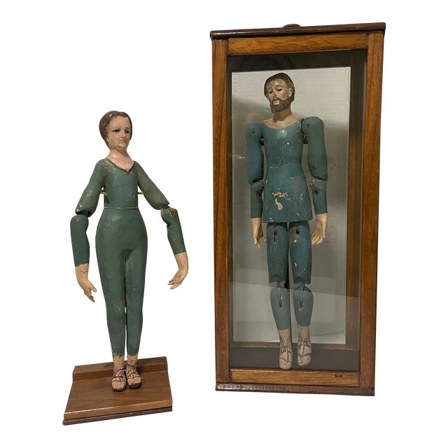 19th Century Spanish Colonial Articulated Mannequin Man Lady Wood Sculpture a Pair For Sale