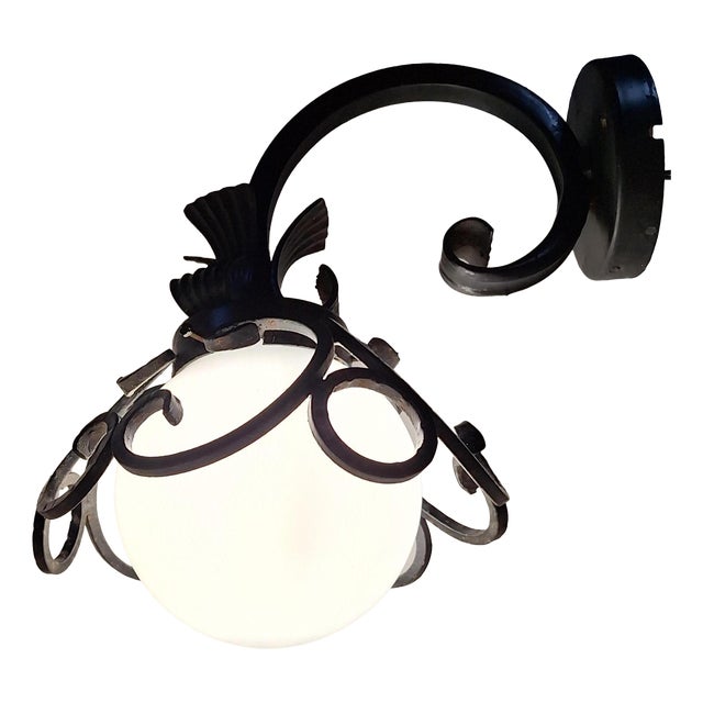 Vintage Wall Lamp with Black Iron Frame and Opaque White Glass Shade, 1980s For Sale