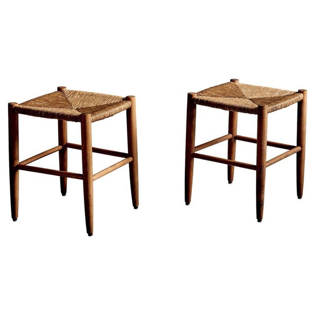 Beechwood Stools with Woven Rush Seats, France, 1950s, Set of 2 For Sale - Image 14 of 14