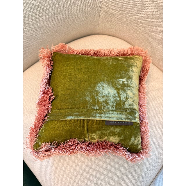 2020s Anke Drechsel Olive Green Silk Velvet Pillow With Blush Fringe Trim For Sale - Image 5 of 8