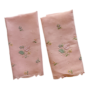 Pair Vintage Embroidered & Appliqué Pink Madeira Linen Fingertip Towels