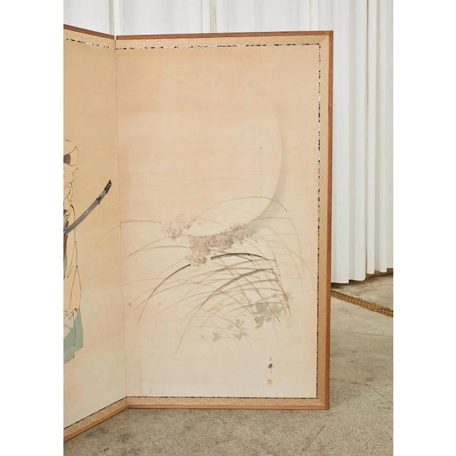 Japanese Taisho Two Panel Screen Heian Period Flute Player For Sale - Image 4 of 13