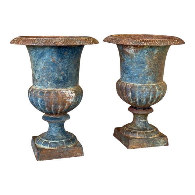 Early 20th Century French Cast Iron Medici Urn Planters – Pair For Sale