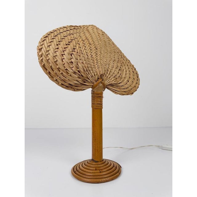 Italian Bamboo, Cane and Rattan Table Lamp with Fan-Shaped Shade in the style of Ingo Maurer, 1960s For Sale - Image 17 of 18