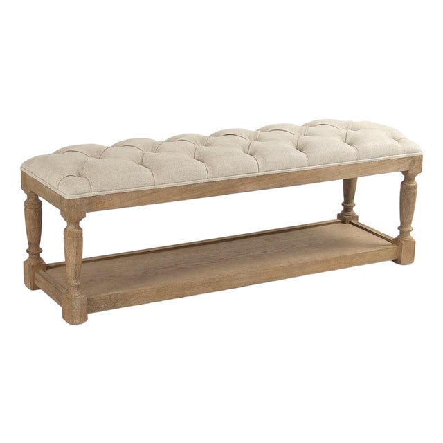 Patrice Tufted Bench - Natural Linen / Weathered Gray Frame For Sale