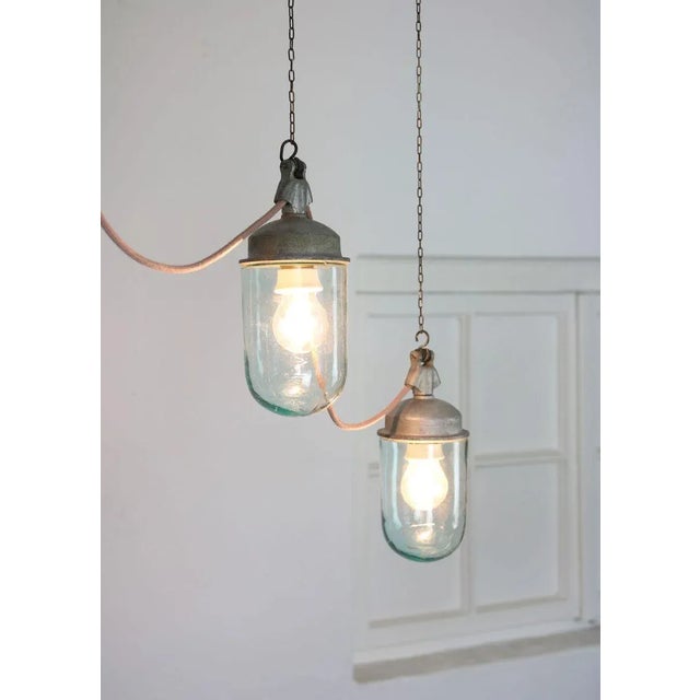 Vintage Industrial Blue Glass and Grey Metal Pendant Lamps, 1950s, Set of 2 For Sale - Image 4 of 16