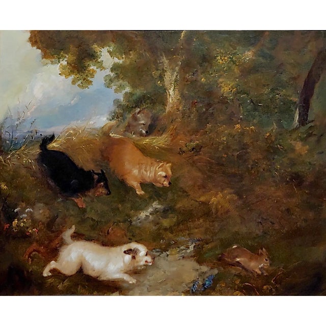 English Four Terriers Chasing a Rabbit in the Wild -19th Century Oil Painting For Sale - Image 3 of 9