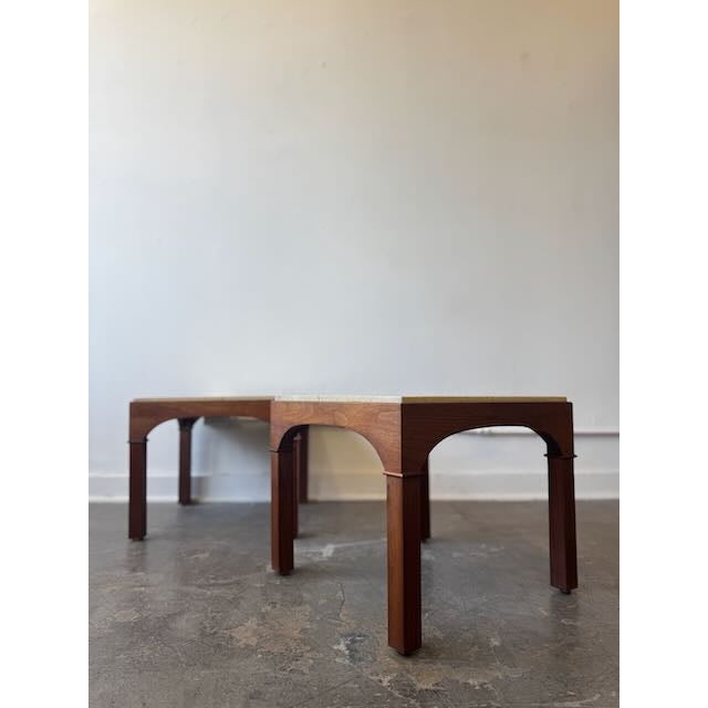 1960s 1960s Pair of Mahogany and Travertine Tables Attributed to John Keal for Brown Saltman For Sale - Image 5 of 12