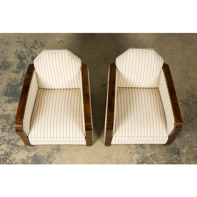 Pair of 1930s French Art Deco Oak Lounge Chairs in Blue Striped Fabric For Sale - Image 4 of 17