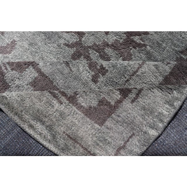 Modern Hand Knotted Oushak Rug in Wool With Sub-Geometric Design in Green and Brown For Sale - Image 11 of 13