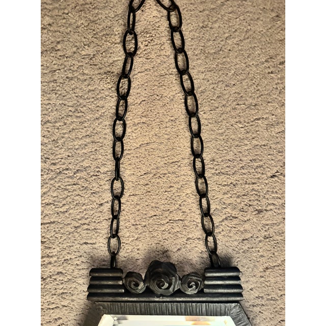 Art Deco French Art Deco Wrought Iron Navette Mirror | Beveled Glass | Original Chain | C. 1920s–1930s For Sale - Image 3 of 11