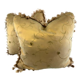 Vintage Embroidered Silk Pillows With Fringe Detailing in Gold Tones - Set of 2 For Sale