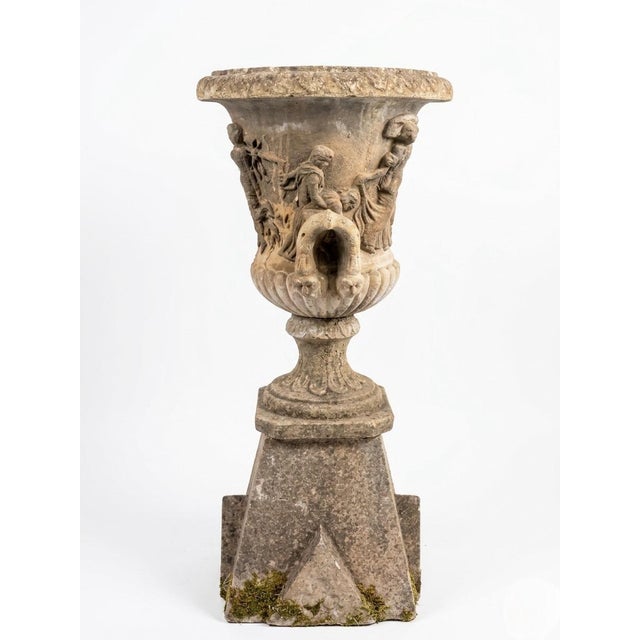 Neo-Classical Style Cast Stone Garden Urn on Pedestal With Bacchanalian Relief For Sale - Image 4 of 10