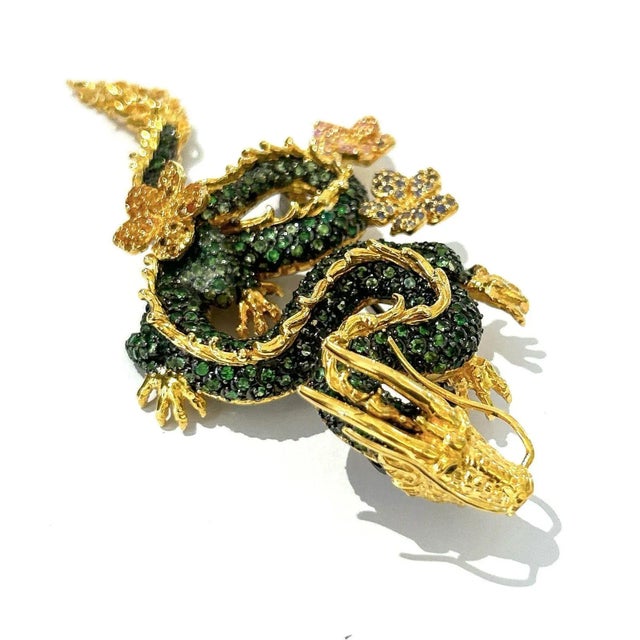 Baroque Bochic Dragon “Orient” Multi Sapphires & Tasvorite Brooch Set in 18k Gold & Silver For Sale - Image 3 of 7