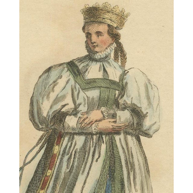 Jefferys, Bridal Habit of a Swiss Lady in 1577, Hand Colored Jefferys Costume Plate, 1757, Engraving For Sale - Image 4 of 9