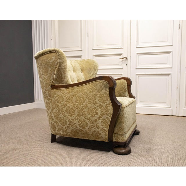 Vintage Swedish Wingback Chair with Golden Velvet and Carved Oak Armrests, 1920s For Sale - Image 11 of 12