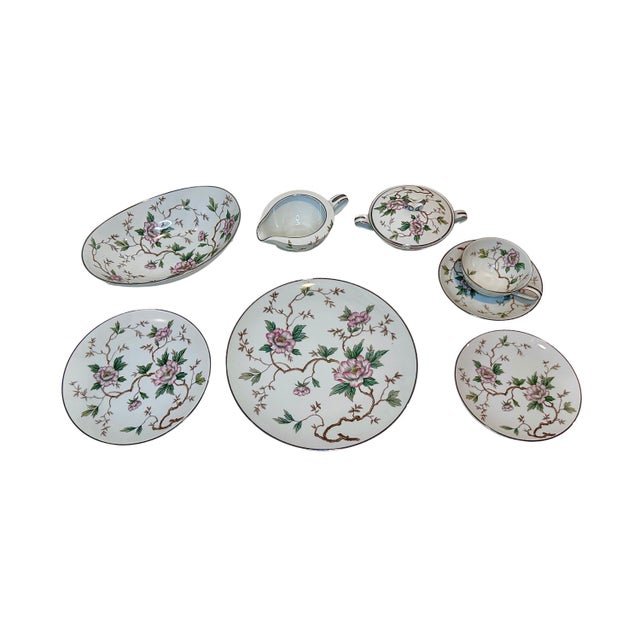 Mid‑century porcelain china set in Noritake’s “Chatham” pattern (#5502), made in Japan from 1954 to 1964. Cool platinum...