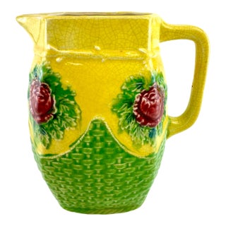 Vintage Japanese Majolica Style Strawberry Pitcher With Basketweave Base For Sale