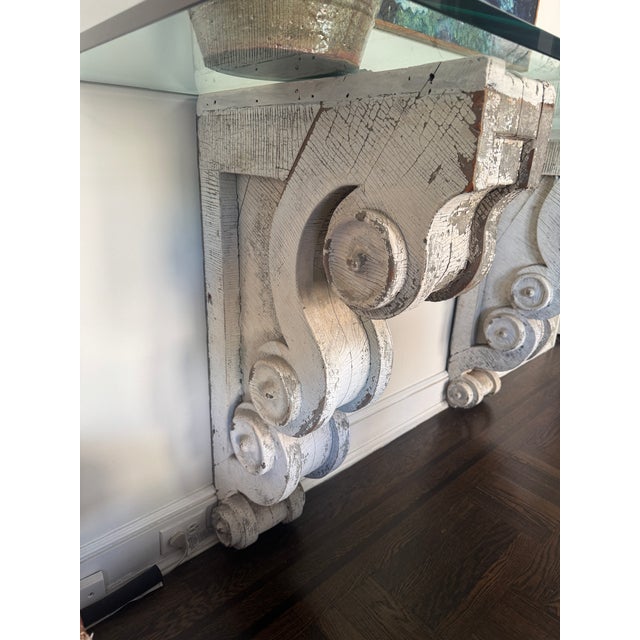 White Late 19th Century Monumental Antique Carved Wood Architectural Corbel Console Table With Glass Top For Sale - Image 8 of 10