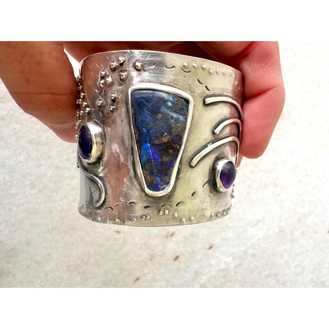 Metal 1970s Brutalist Sterling Silver Cuff Bracelet With Gem Stones For Sale - Image 7 of 7