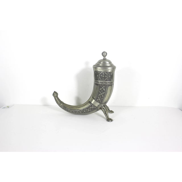 1950’s Norwegian Viking pewter drinking horn by Aksel Holmsen in Norway. This has the lid which fits well and animal legs...
