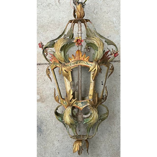 Hollywood Regency Hollywood Regency Italian Floral Tole Painted Lantern / Chandelier - 3 Lights For Sale - Image 3 of 5
