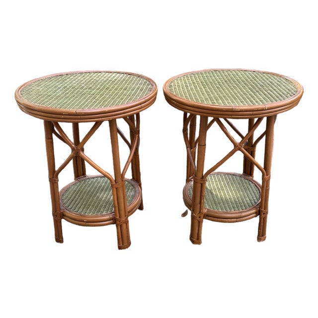 Rattan 2 Tiered Side Tables - A Pair For Sale