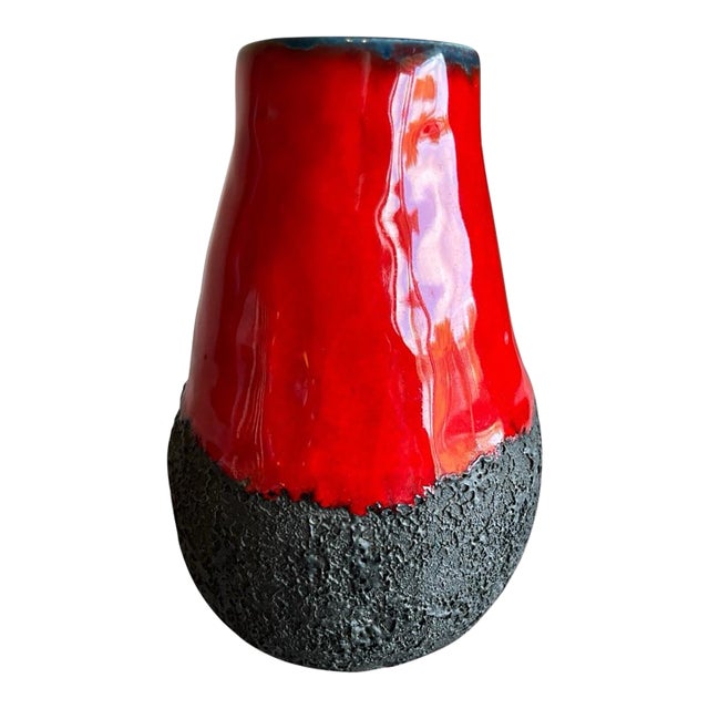Vintage West German Red & Black Lava Glaze Pottery Vase | Mid-Century Modern Ceramic For Sale