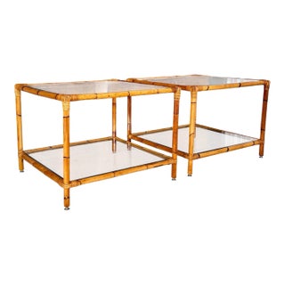 Pair of Mid-20th Century Refinished Two-Tier Rattan Side Tables With Glass Shelves For Sale